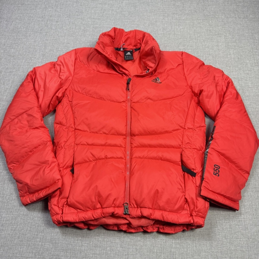 Adidas Down 550 Puffer Jacket Womens Small Red Insulated Full Zip Short Pockets